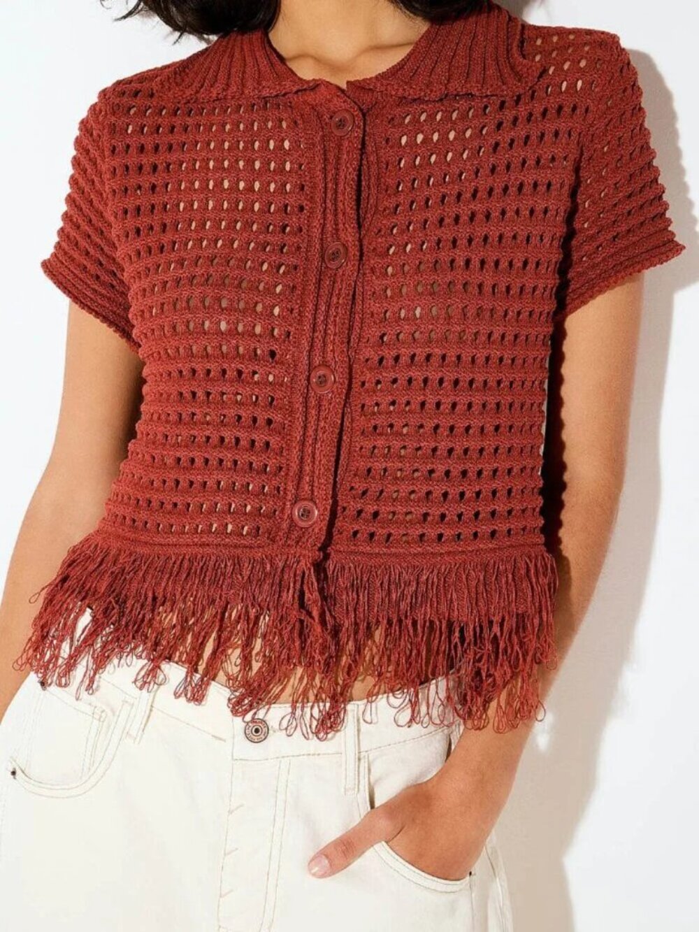NWT Plush-knit polo-collar fringed cardigan ONE SIZE